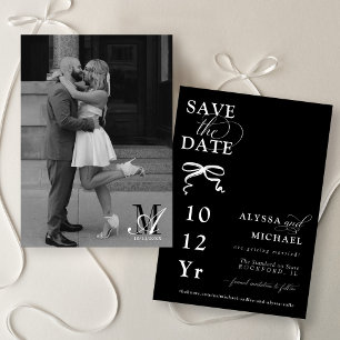 Modern Black and White Bow Photo Monogram Wedding Save The Date