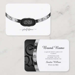 Modern Black and White Bright Silver with Monogram Business Card