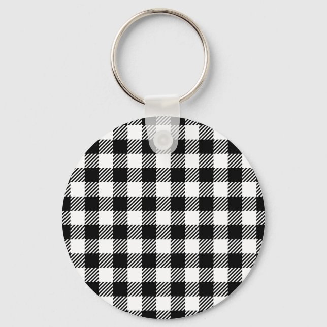 Modern Black and White Buffalo Check Gingham Key Ring (Front)