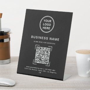 Modern Black and White Business Name QR Code Logo Pedestal Sign