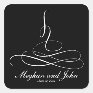 Modern Black and White Calligraphic Swirl Wedding Square Sticker