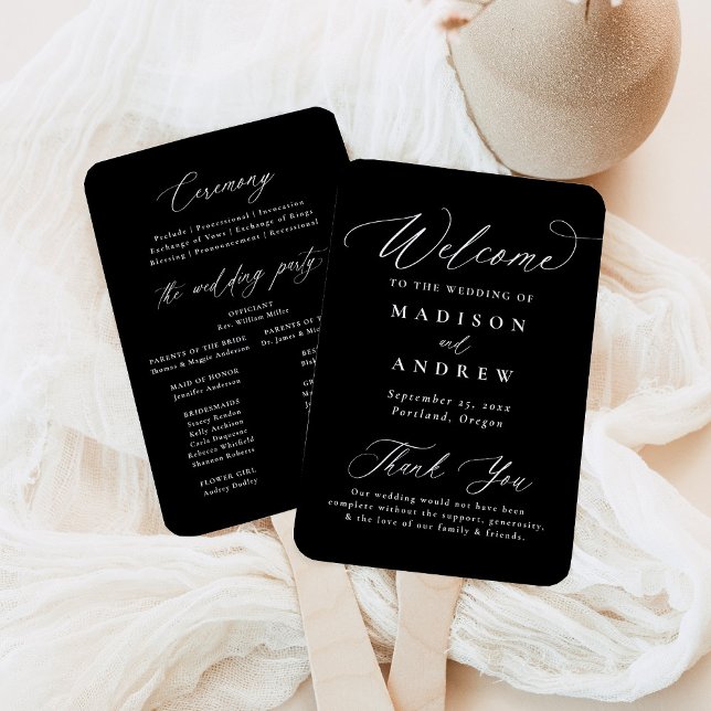 Modern Black and White Calligraphy Wedding Program Hand Fan (Creator Uploaded)