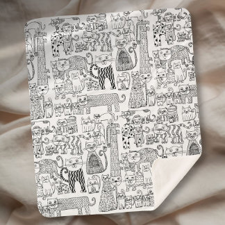 Modern Black and White Cats And Kittens Patterned Sherpa Blanket