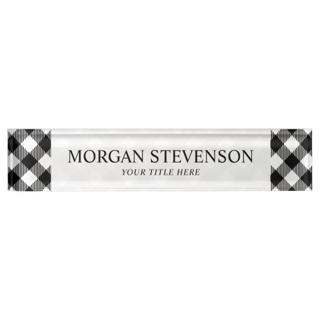 Modern Black and White Check Gingham Pattern Nameplate (Front)