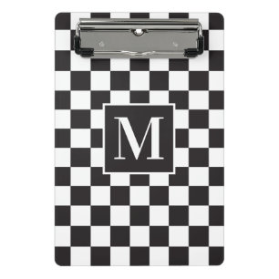 Modern Black and White Checkered Pattern Monogram Mini Clipboard