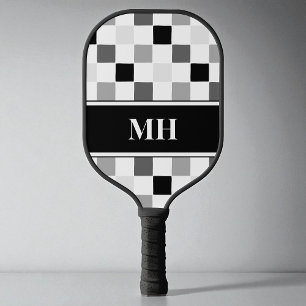 Modern Black and White Chequered Initials Monogram Pickleball Paddle