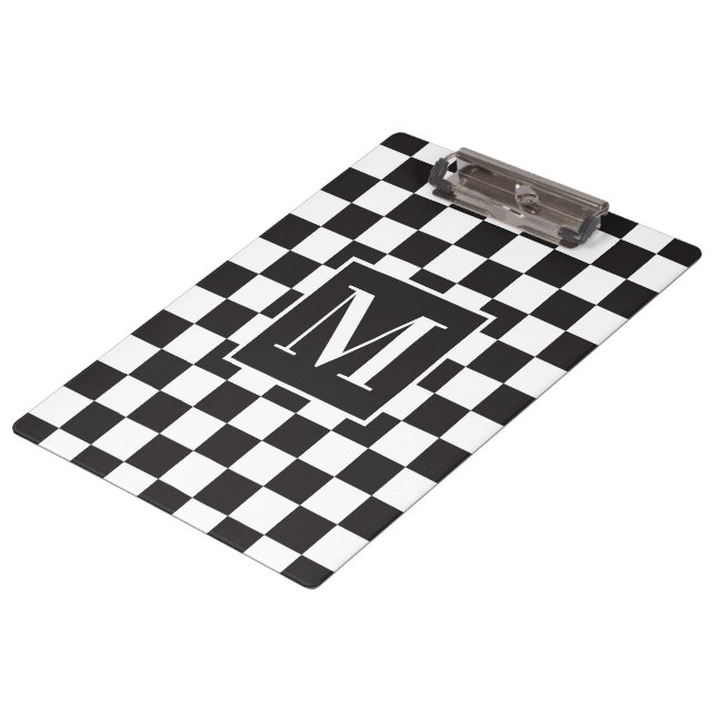 Modern Black and White Chequered Pattern Monogram Clipboard (Angled)