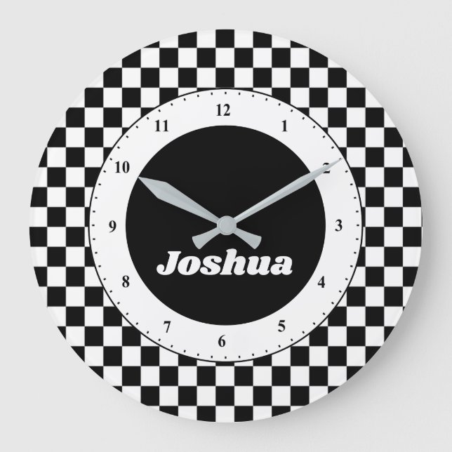 Modern Black and White Chequered Race Flag Large Clock (Front)
