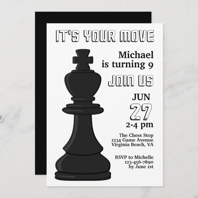 Modern Black and White Chess Piece King Birthday Invitation (Front/Back)