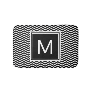Modern Black and White Chevrons With Monogram Bath Mat