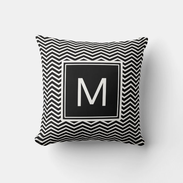 Modern Black and White Chevrons With Monogram Cushion (Front)