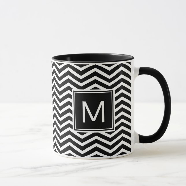 Modern Black and White Chevrons With Monogram Mug (Right)