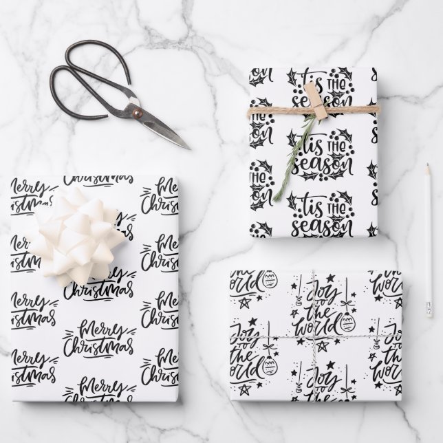 Modern Black and White Christmas Quotes Gift Wrapping Paper Sheet (Front)