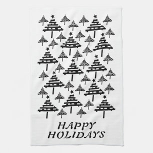 Modern Black and White Christmas Tree Pattern Tea Towel