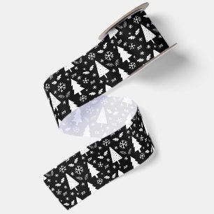 Modern Black and White Christmas Trees Pattern Satin Ribbon