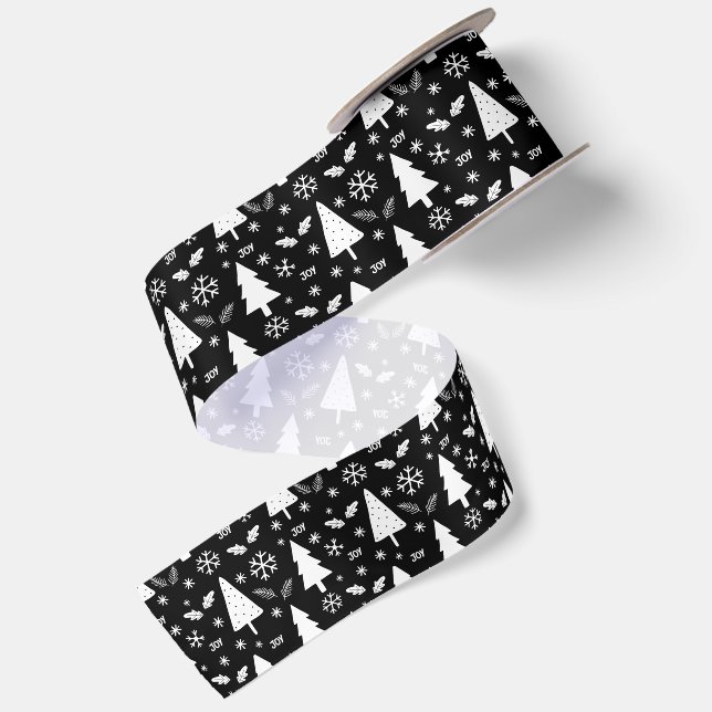 Modern Black and White Christmas Trees Pattern Satin Ribbon (Front+Back)