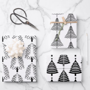 Modern Black and White Christmas Trees Pattern  Wrapping Paper Sheet