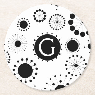 Modern Black And White Circles Pattern Round Paper Coaster
