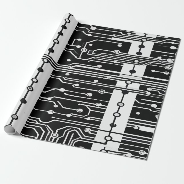 Modern Black and White Circuit Board Texture Patte Wrapping Paper (Unrolled)