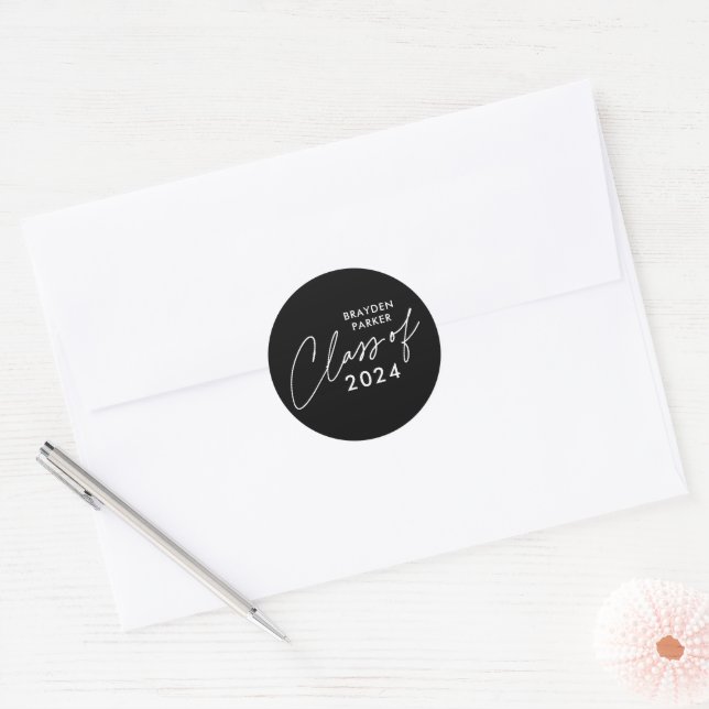 Modern Black and White Class of Script Graduation Classic Round Sticker (Envelope)