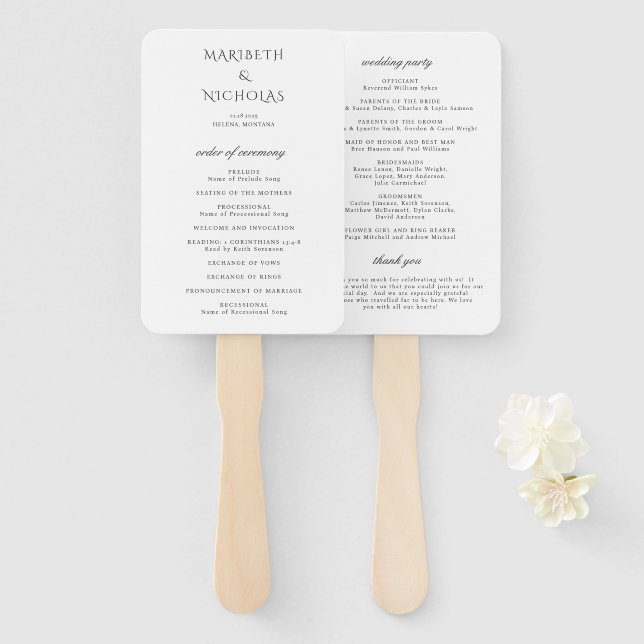 Modern Black and White Classy Wedding Program Hand Fan (Front and Back)