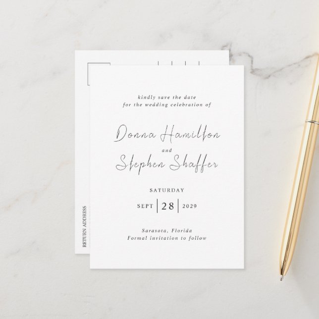 Modern Black and White Clean Wedding Save the Date Announcement Postcard (Front/Back In Situ)