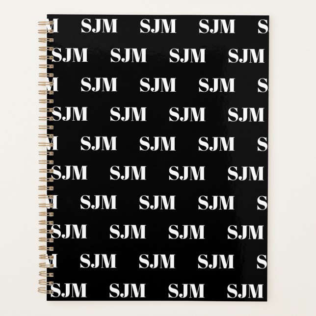 Modern black and white custom monogram pattern planner (Front)