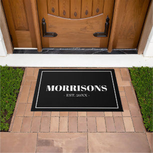 Modern black and white custom name date border  doormat