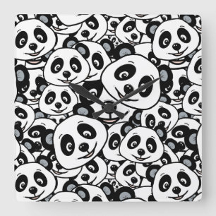 Modern Black and White Cute Panda Bear Pattern Square Wall Clock