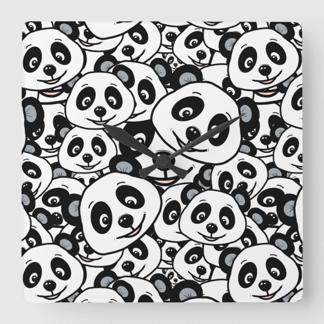 Modern Black and White Cute Panda Bear Pattern Square Wall Clock (Front)