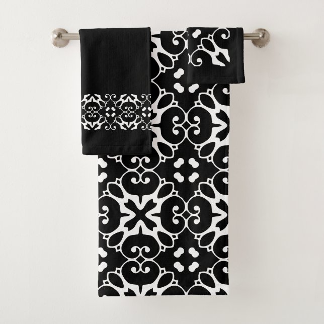 Modern Black and White damask bathroom Bath Towel  (Insitu)