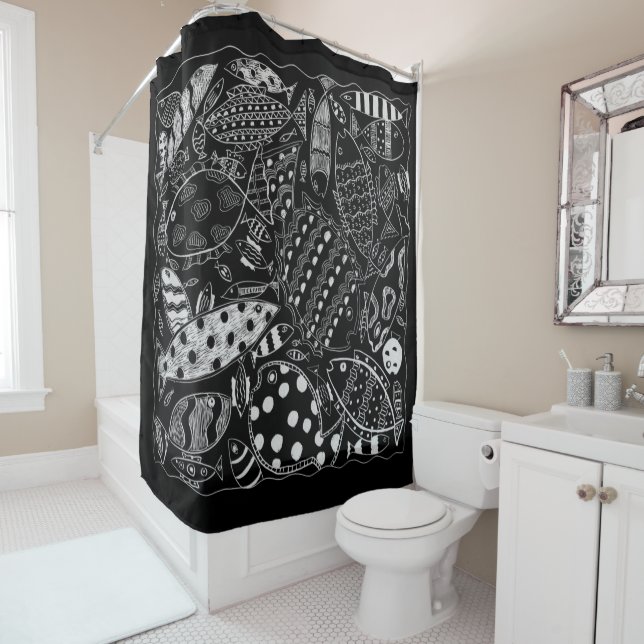 Modern Black And White Decorative Fish Pattern  Shower Curtain (In Situ)