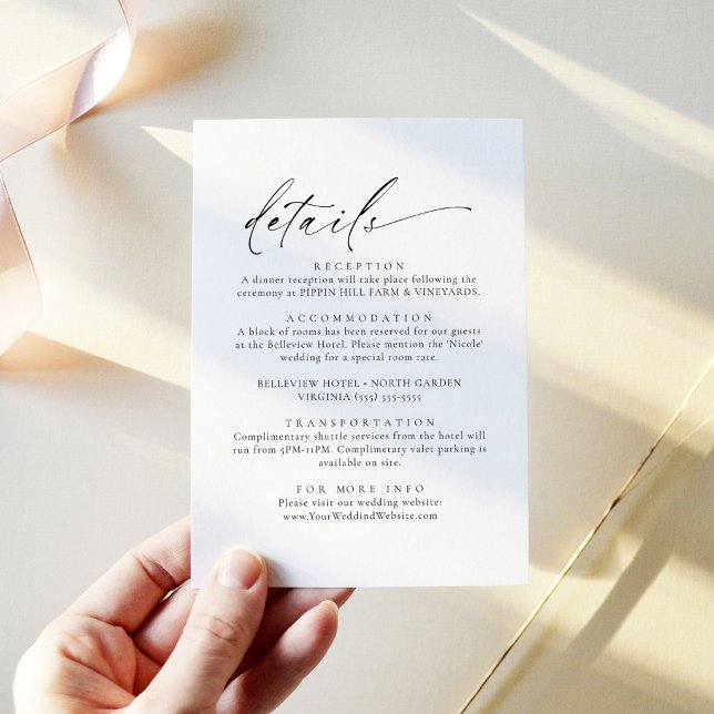 Modern Black and White Details Information Card (Sophisticated Calligraphy Black and White Details Card)