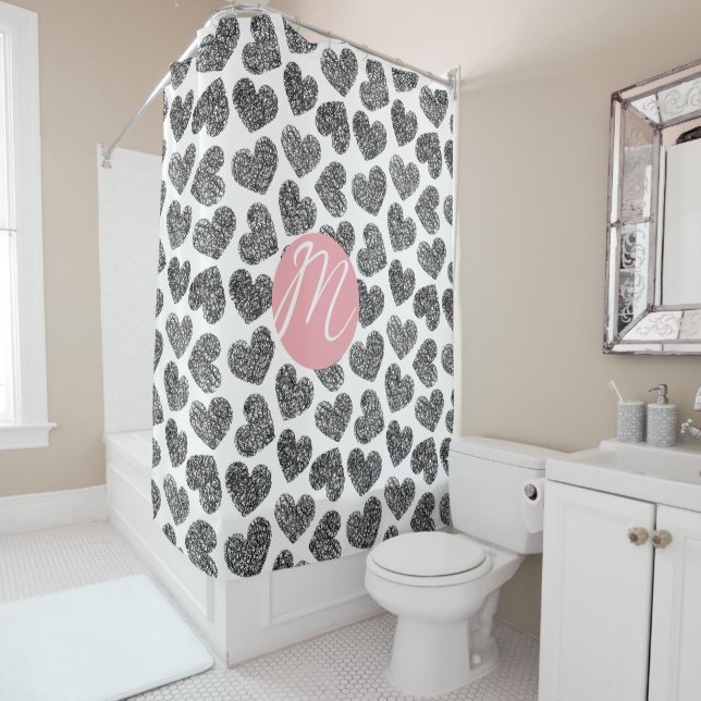 Modern Black and White Doodle Hearts Monogrammed Shower Curtain (In Situ)