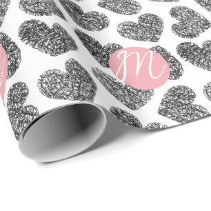 Modern Black and White Doodle Hearts Monogrammed Wrapping Paper