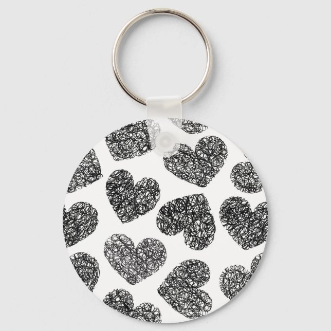 Modern Black and White Doodle Hearts Pattern Key Ring (Front)
