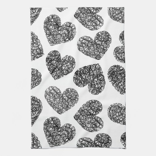 Modern Black and White Doodle Hearts Pattern Tea Towel (Vertical)