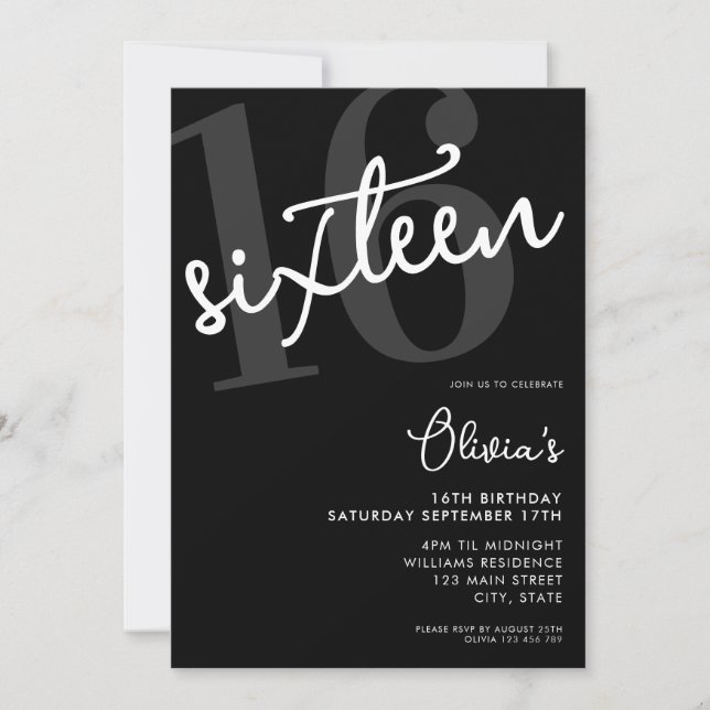 Modern Black and White Elegant 16th Birthday Invitation (Front)