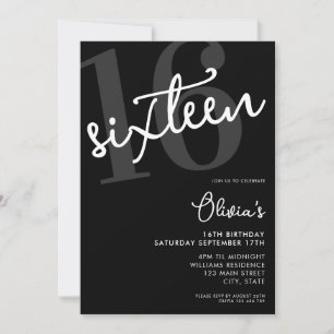 Modern Black and White Elegant 16th Birthday Invitation
