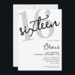 Modern Black and White Elegant 16th Birthday Invitation<br><div class="desc">A simple modern 16th birthday invitation featuring elegant calligraphy script typography and minimalist design in black and white colour.</div>