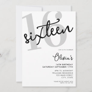 Modern Black and White Elegant 16th Birthday Invitation