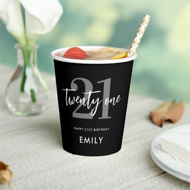 Modern Black and White Elegant 21st Birthday Paper Cups (Insitu)