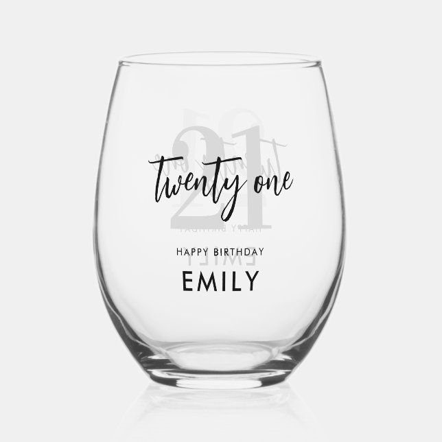 Modern Black and White Elegant 21st Birthday Stemless Wine Glass (Front)