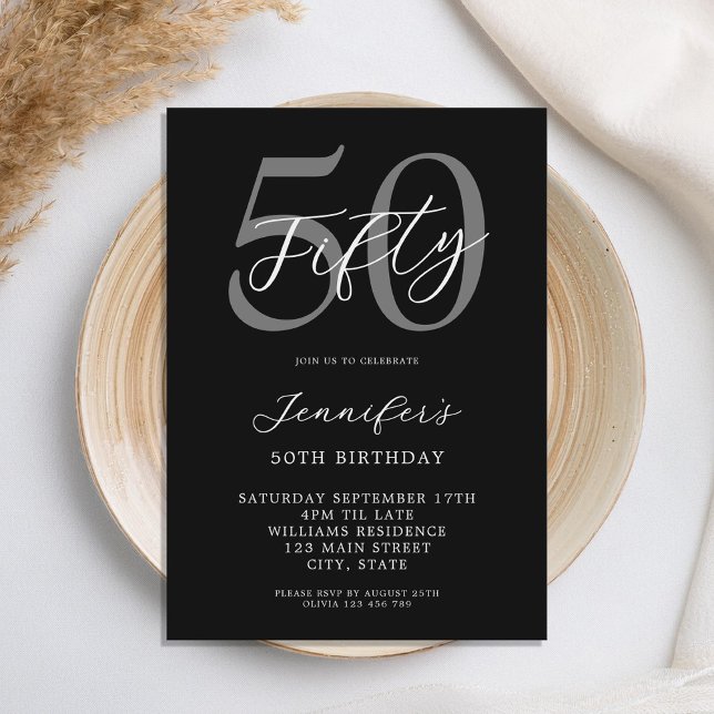 Modern Black and White Elegant 50th Birthday Invitation (Creator Uploaded)