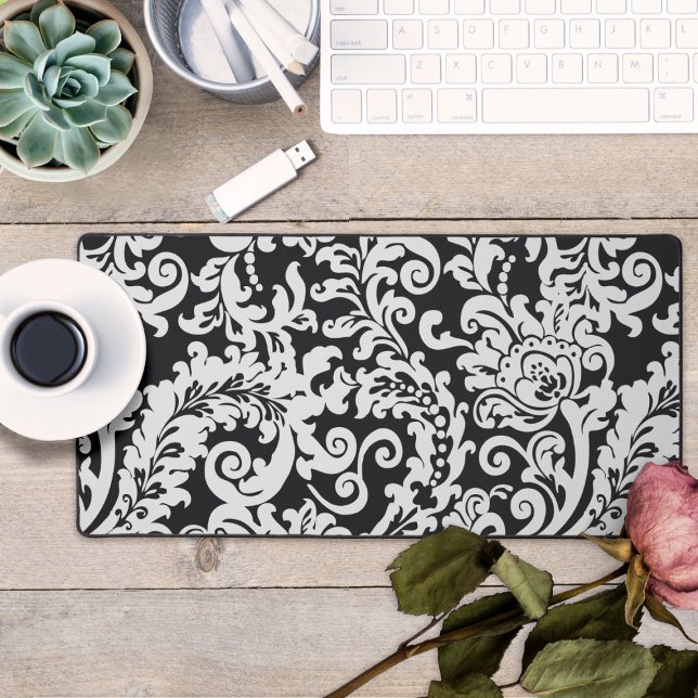 Modern Black and White Elegant Floral Bridesmaid Desk Mat (black and white elegant floral damask desk mat mouse pad)