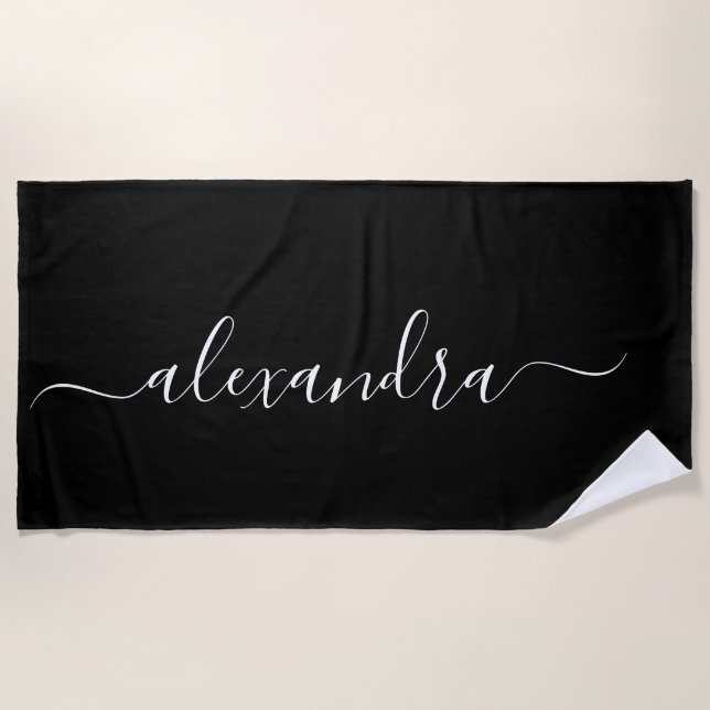 Modern black and white elegant script name  beach towel (Front)