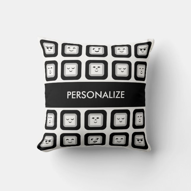 Modern Black and White Emoticon Tiles With Name Cushion (Front)