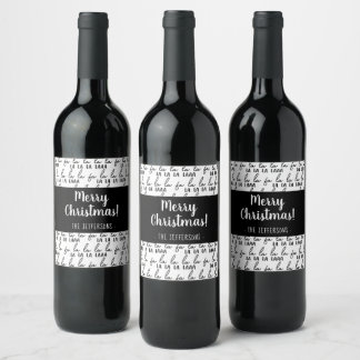 Modern Black and White Fa La La La Christmas Wrapp Wine Label