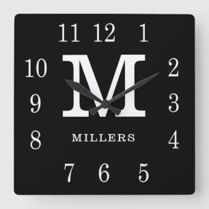 Modern Black And White Family Name Monogram Square Wall Clock