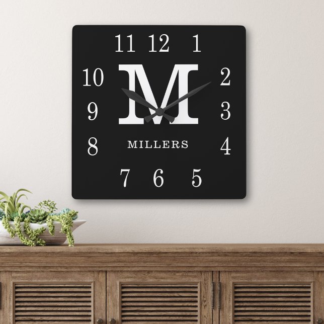 Modern Black And White Family Name Monogram  Square Wall Clock (Creator Uploaded)